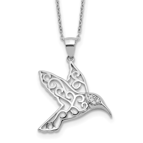 Cheryl M Sterling Silver Rhodium-plated Filigree Brilliant-cut CZ Hummingbird Necklace, 18"