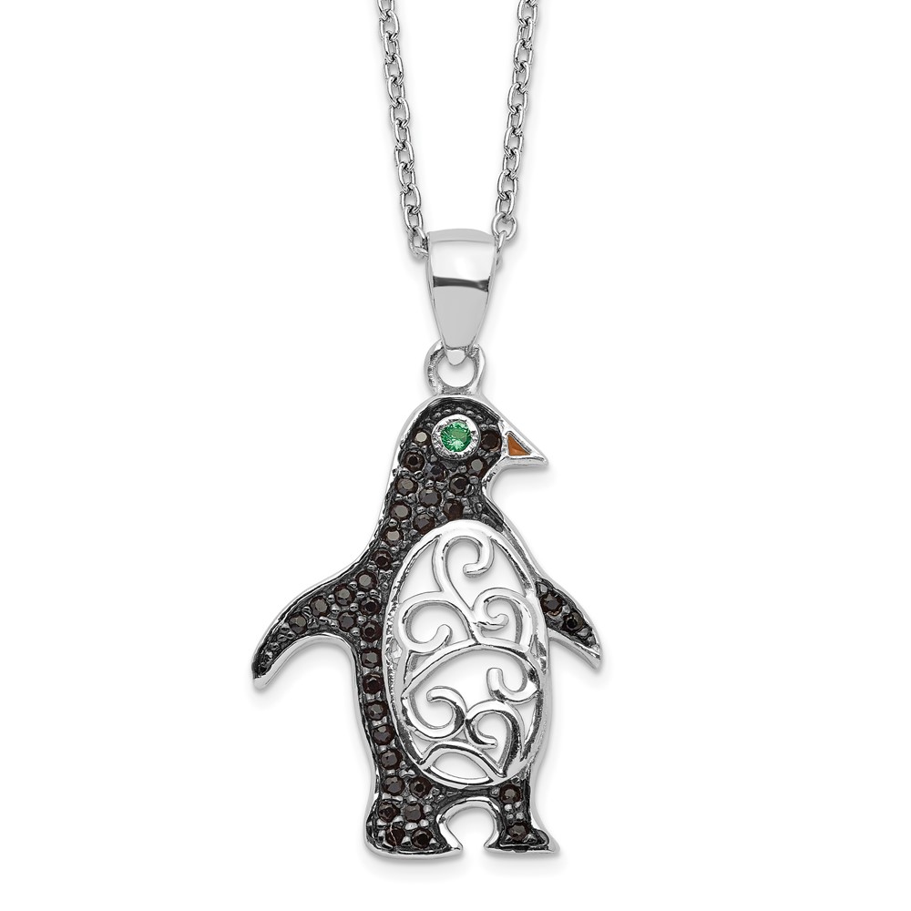 Sterling Silver Cheryl M Black Rh-p B&W CZ Green Glass Penguin Necklace