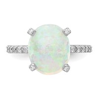 Cheryl M Sterling Silver Rhodium-plated Cabochon Lab Created Opal and Brilliant-cut CZ Oval Ring with Side Stones view 5