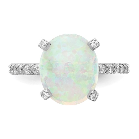 Cheryl M Sterling Silver Rhodium-plated Cabochon Lab Created Opal and Brilliant-cut CZ Oval with Side Stones Ring