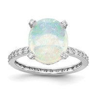 Cheryl M Sterling Silver Rhodium-plated Cabochon Lab Created Opal and Brilliant-cut CZ Oval Ring with Side Stones view 1