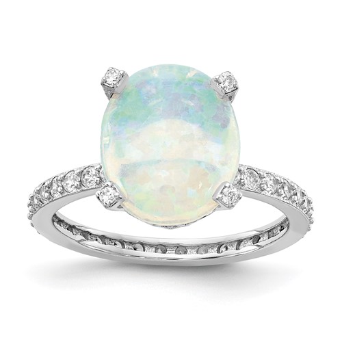 Cheryl M Sterling Silver Rhodium-plated Cabochon Lab Created Opal and Brilliant-cut CZ Oval Ring with Side Stones