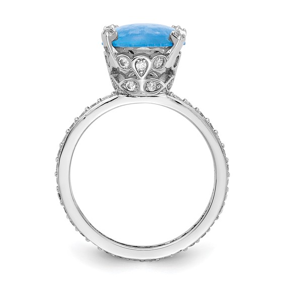 Cheryl M Sterling Silver Rhodium-plated Cabochon Lab Created Blue Opal and Brilliant-cut CZ Oval with Side Stones Ring