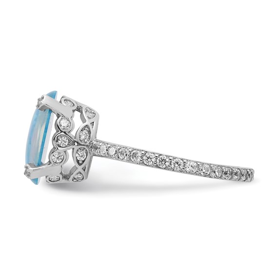 Cheryl M Sterling Silver Rhodium-plated Cabochon Lab Created Blue Opal and Brilliant-cut CZ Oval with Side Stones Ring
