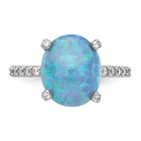 Cheryl M Sterling Silver Rhodium-plated Cabochon Lab Created Blue Opal and Brilliant-cut CZ Oval Ring with Side Stones view 5