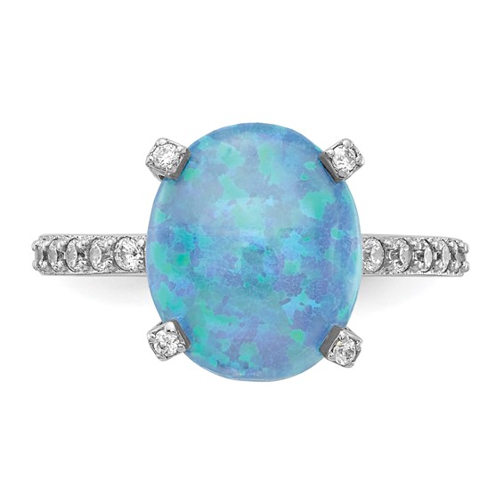 Cheryl M Sterling Silver Rhodium-plated Cabochon Lab Created Blue Opal and Brilliant-cut CZ Oval with Side Stones Ring