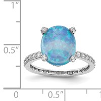 Cheryl M Sterling Silver Rhodium-plated Cabochon Lab Created Blue Opal and Brilliant-cut CZ Oval Ring with Side Stones view 4