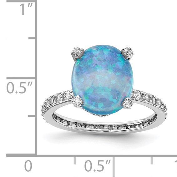 Cheryl M Sterling Silver Rhodium-plated Cabochon Lab Created Blue Opal and Brilliant-cut CZ Oval with Side Stones Ring