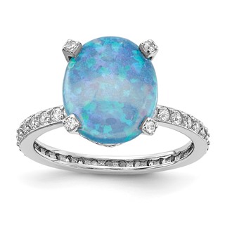 Cheryl M Sterling Silver Rhodium-plated Cabochon Lab Created Blue Opal and Brilliant-cut CZ Oval with Side Stones Ring