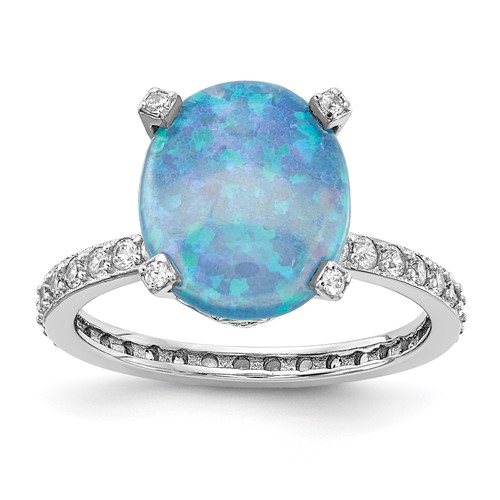 Cheryl M Sterling Silver Rhodium-plated Cabochon Lab Created Blue Opal and Brilliant-cut CZ Oval Ring with Side Stones