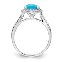 Cheryl M Sterling Silver Rhodium-plated Cabochon Lab Created Blue Opal and Brilliant Cut CZ Halo Ring with Side Stones view 2