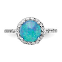 Cheryl M Sterling Silver Rhodium-plated Cabochon Lab Created Blue Opal and Brilliant Cut CZ Halo Ring with Side Stones view 5