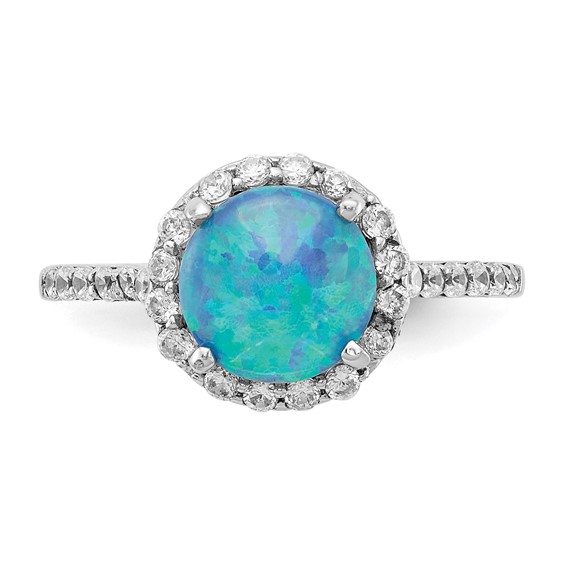 Cheryl M Sterling Silver Rhodium-plated Cabochon Lab Created Blue Opal and Brilliant Cut CZ Halo with Side Stones Ring