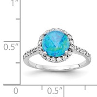 Cheryl M Sterling Silver Rhodium-plated Cabochon Lab Created Blue Opal and Brilliant Cut CZ Halo Ring with Side Stones view 4