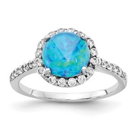 Cheryl M Sterling Silver Rhodium-plated Cabochon Lab Created Blue Opal and Brilliant Cut CZ Halo Ring with Side Stones view 1