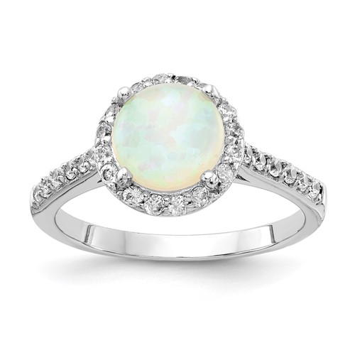 Cheryl M Sterling Silver Rhodium-plated Cabochon Lab Created Opal and Brilliant-cut CZ Halo Ring