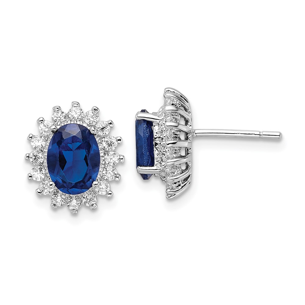 Sterling Silver Cheryl M Rh-p Synthetic Blue Spinel Oval CZ Halo Earrings