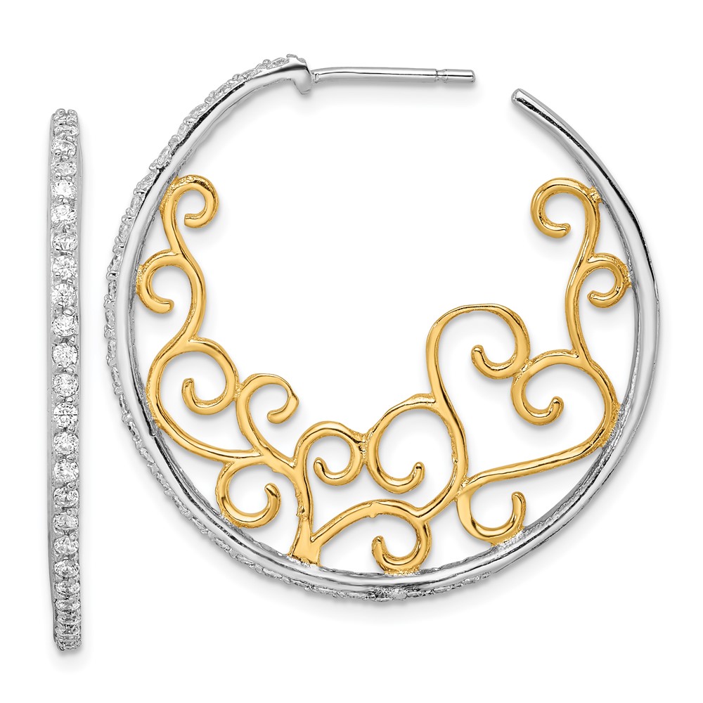 Cheryl M SS Rhodium & Gold-plated Swirl Design CZ Hoop Earrings