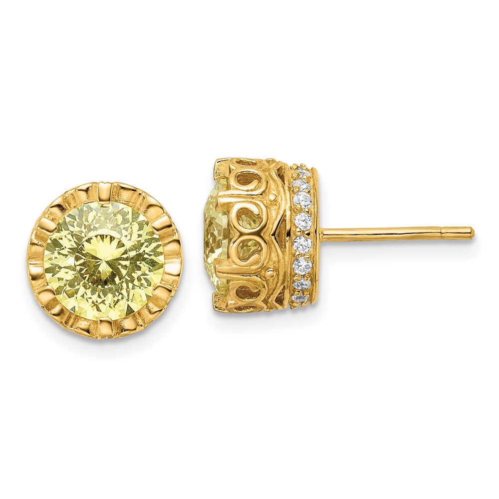 Cheryl M SS Gold-plated 8mm Canary CZ Crown Gallery Stud Earrings