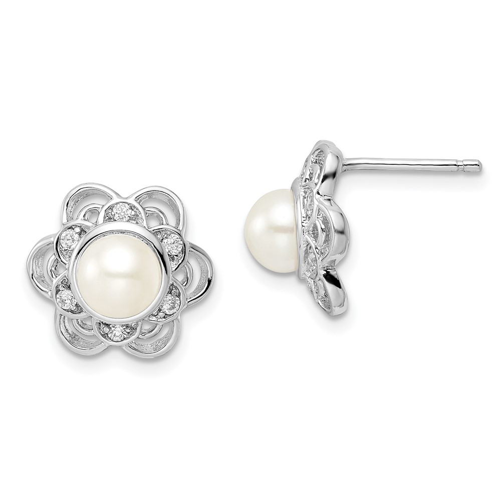 Sterling Silver Cheryl M Rh-p FW Cultured Pearl Floral Design Post Earrings