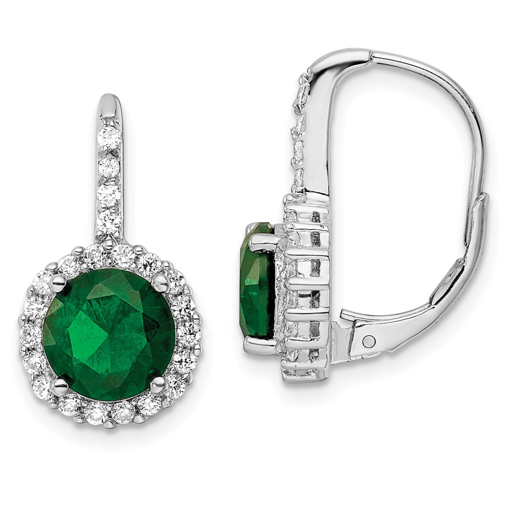 Cheryl M SS RH-plated Simulated Emerald Center & CZ Leverback Earrings
