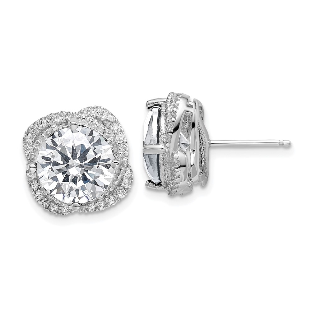 Cheryl M SS Rhodium-plated Round CZ with Fancy Frame Post Earrings