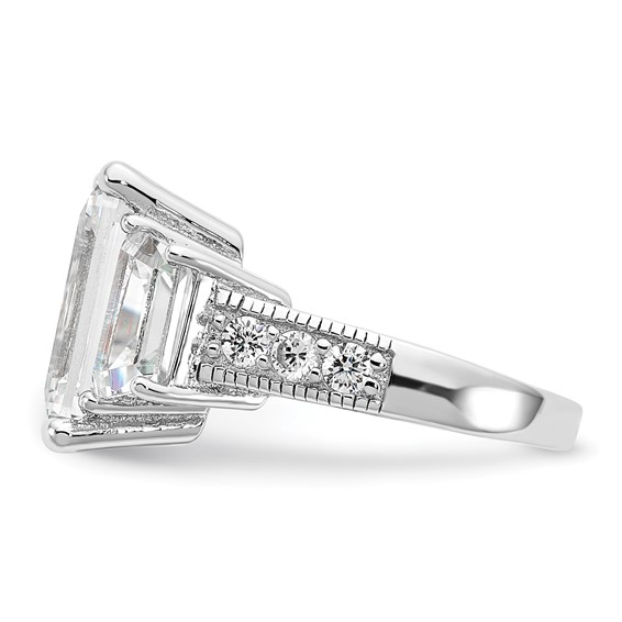 Cheryl M Sterling Silver Rhodium-plated Fancy Emerald-cut and Brilliant-cut CZ 3 Stone Ring