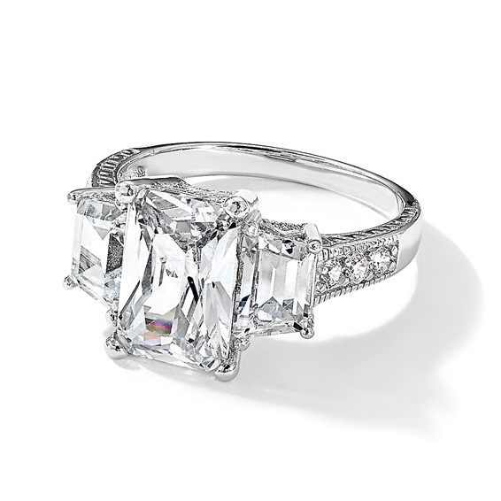 Cheryl M Sterling Silver Rhodium-plated Fancy Emerald-cut and Brilliant-cut CZ 3 Stone Ring