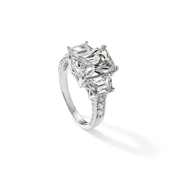 Cheryl M Sterling Silver Rhodium-plated Fancy Emerald-cut and Brilliant-cut CZ 3 Stone Ring