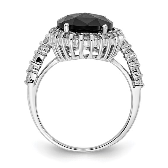 Cheryl M Sterling Silver Rhodium-plated Checker-cut Black CZ and Brilliant-cut White CZ Oval Halo Ring