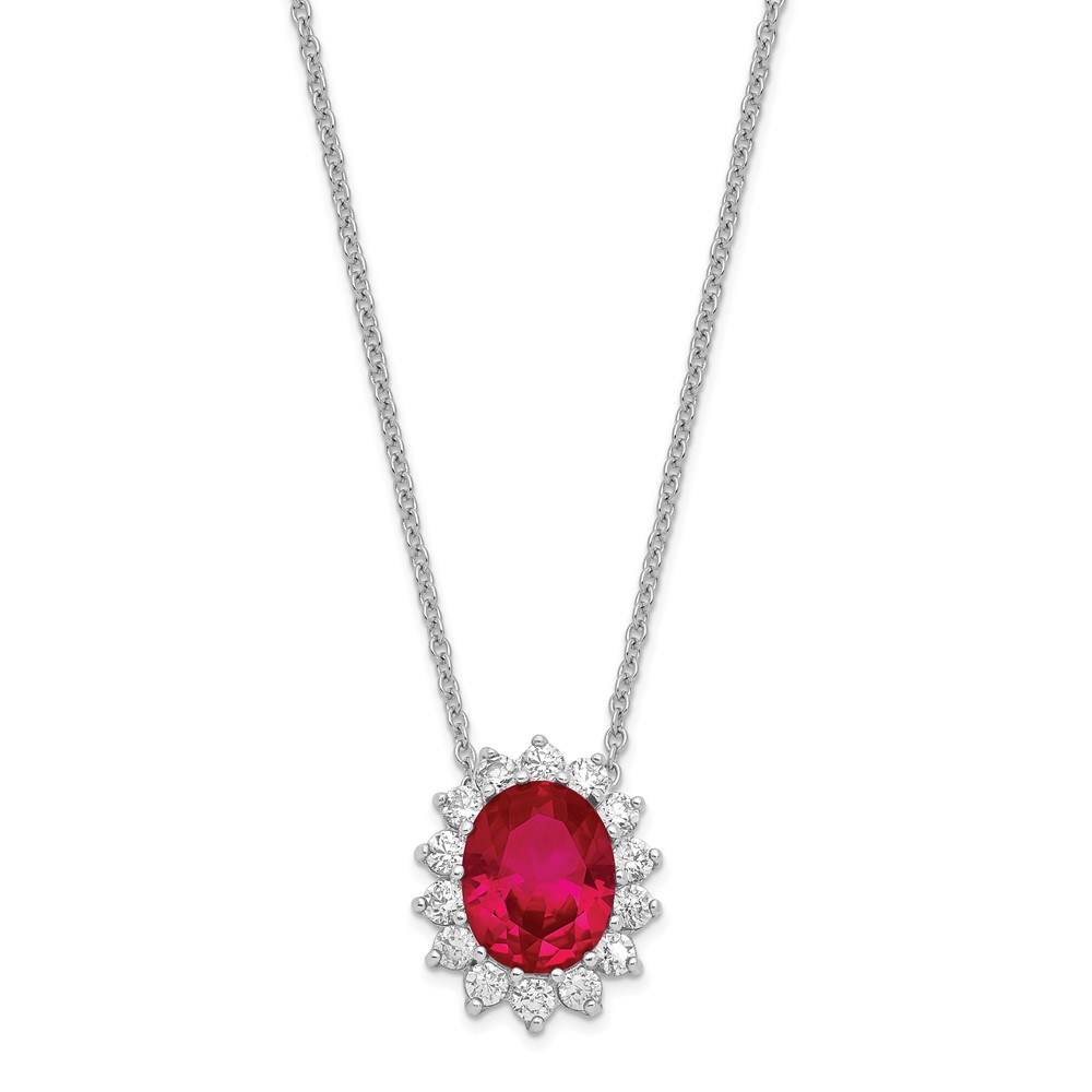 Sterling Silver Cheryl M Rh-p Synthetic Ruby Oval CZ Slide Pendant Necklace