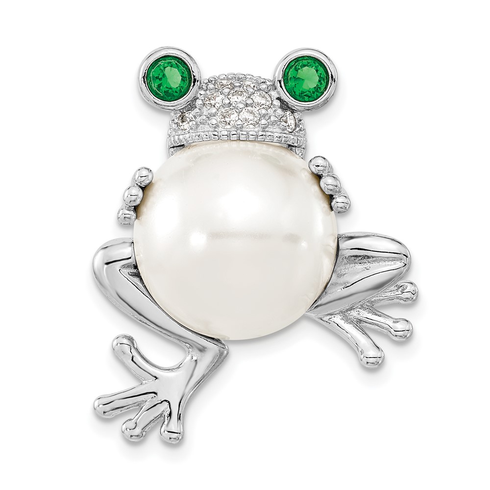 Sterling Silver Cheryl M Rhodium-plated CZ and FWC Pearl Frog Pin Pendant