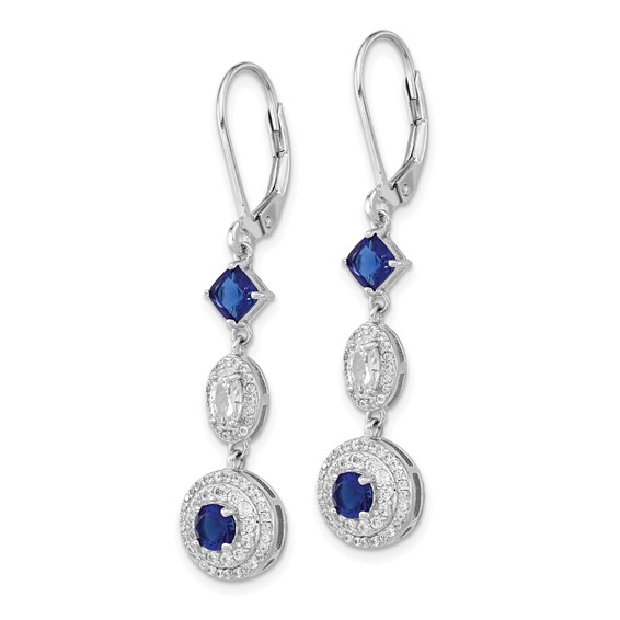 Cheryl M Sterling Silver Rhodium-plated Cushion-cut/Brilliant-cut Blue Glass and Brilliant-cut White CZ Leverback Dangle Earrings