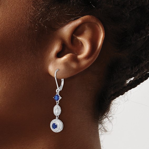 Cheryl M Sterling Silver Rhodium-plated Cushion-cut/Brilliant-cut Blue Glass and Brilliant-cut White CZ Leverback Dangle Earrings