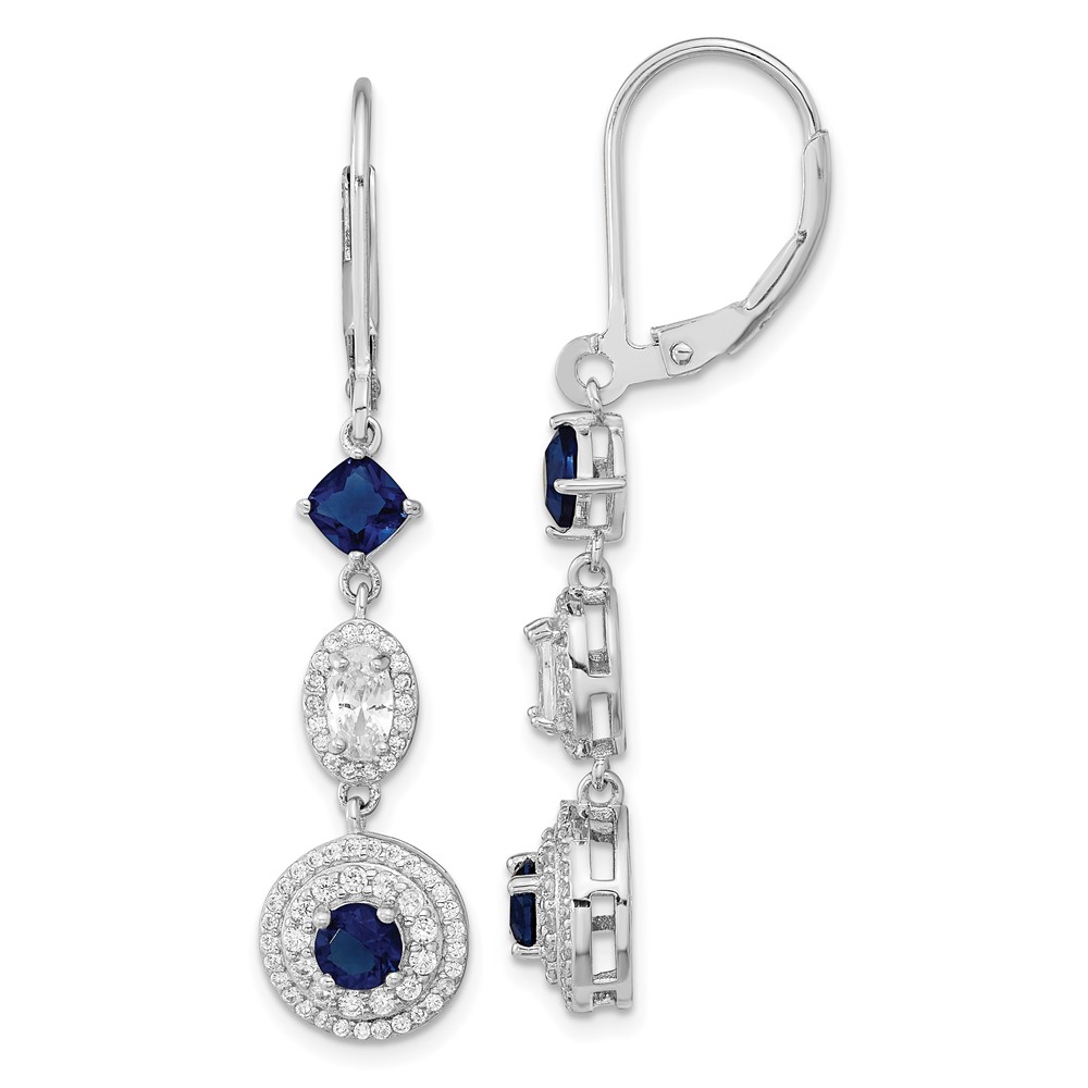 Cheryl M SS Rhod-plated Blue Glass and CZ Leverback Earrings