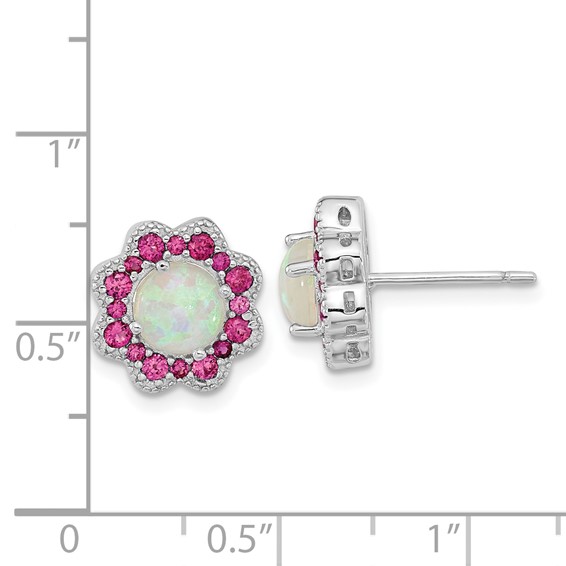 Cheryl M Sterling Silver Rhodium-plated Cabochon Lab Created Opal and Brilliant-cut Red Nano Crystal Flower Post Earrings