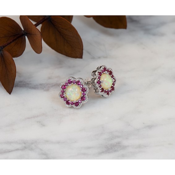 Cheryl M Sterling Silver Rhodium-plated Cabochon Lab Created Opal and Brilliant-cut Red Nano Crystal Flower Post Earrings