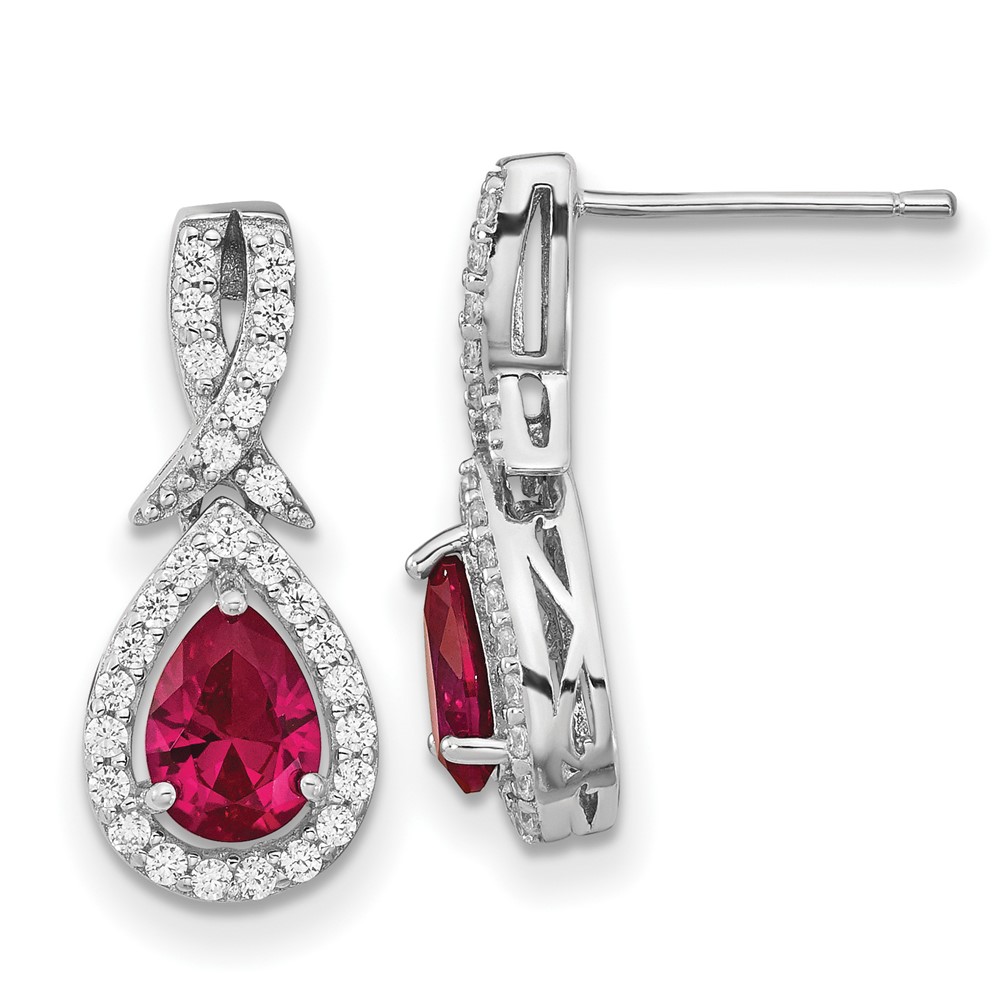 Cheryl M SS Rhod-plated Lab Created Ruby and CZ Post Dangle Earrings