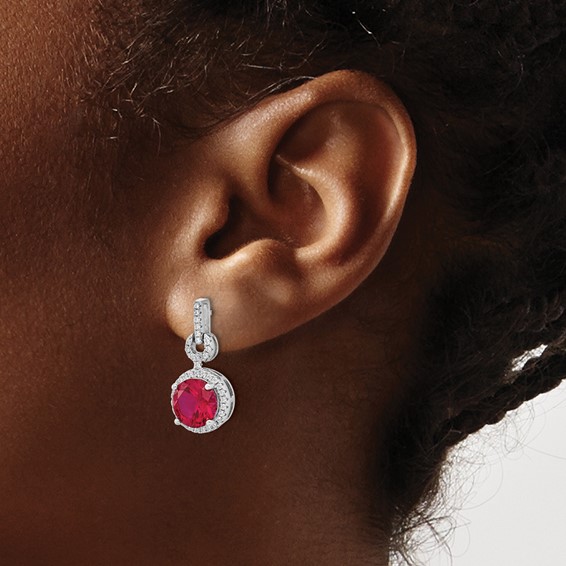 Cheryl M Sterling Silver Rhodium-plated Brilliant-cut Lab Created Ruby and Brilliant-cut White CZ Round Halo Post Dangle Earrings