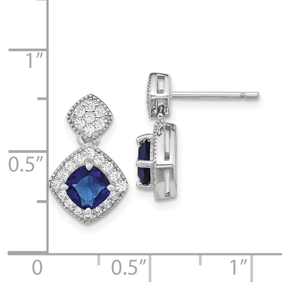 Cheryl M Sterling Silver Rhodium-plated Cushion-cut Blue Glass and Brilliant-cut White CZ Post Dangle Earrings
