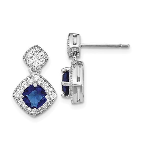 Cheryl M Sterling Silver Rhodium-plated Cushion-cut Blue Glass and Brilliant-cut White CZ Post Dangle Earrings