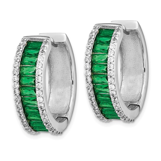 Cheryl M Sterling Silver Rhodium-plated Emerald-cut Green Nano Crystal and Brilliant-cut White CZ Round Hinged Hoop Earrings