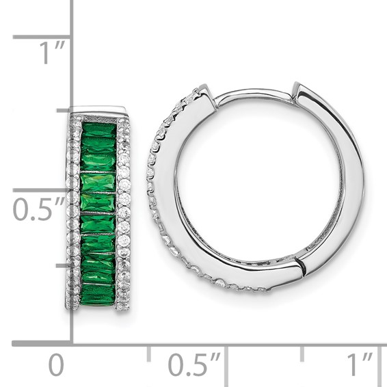 Cheryl M Sterling Silver Rhodium-plated Emerald-cut Green Nano Crystal and Brilliant-cut White CZ Round Hinged Hoop Earrings