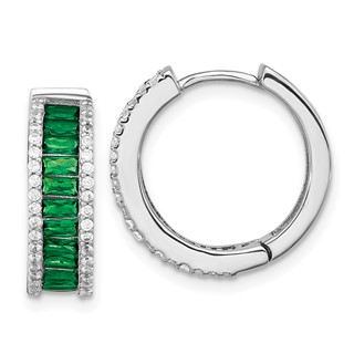 Cheryl M Sterling Silver Rhodium-plated Emerald-cut Green Nano Crystal and Brilliant-cut White CZ Round Hinged Hoop Earrings