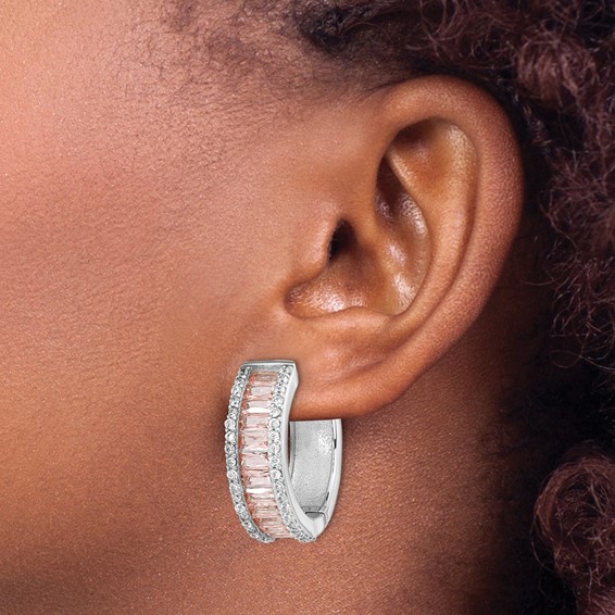 Cheryl M Sterling Silver Rhodium-plated Emerald-cut Pink Nano Crystal and White Brilliant-cut CZ Round Hinged Hoop Earrings