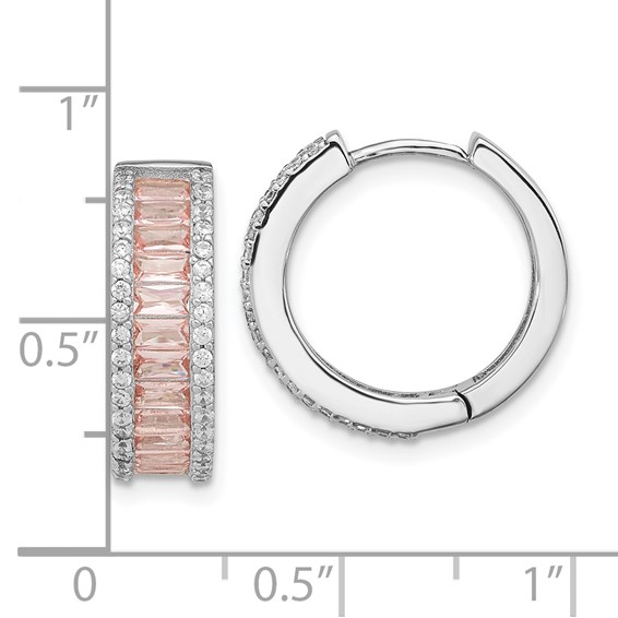 Cheryl M Sterling Silver Rhodium-plated Emerald-cut Pink Nano Crystal and White Brilliant-cut CZ Round Hinged Hoop Earrings
