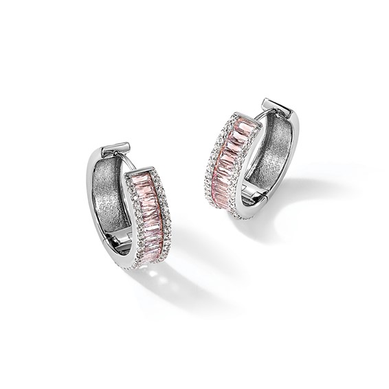 Cheryl M Sterling Silver Rhodium-plated Emerald-cut Pink Nano Crystal and White Brilliant-cut CZ Round Hinged Hoop Earrings