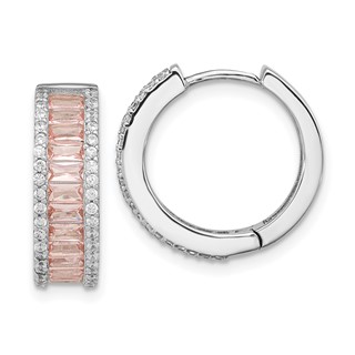 Cheryl M Sterling Silver Rhodium-plated Emerald-cut Pink Nano Crystal and White Brilliant-cut CZ Round Hinged Hoop Earrings