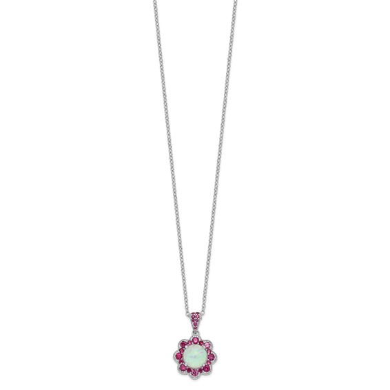 Cheryl M Sterling Silver Rhodium-plated Cabochon Lab Created Opal and Brilliant-cut Red Nano Crystal Flower 18 Inch Necklace