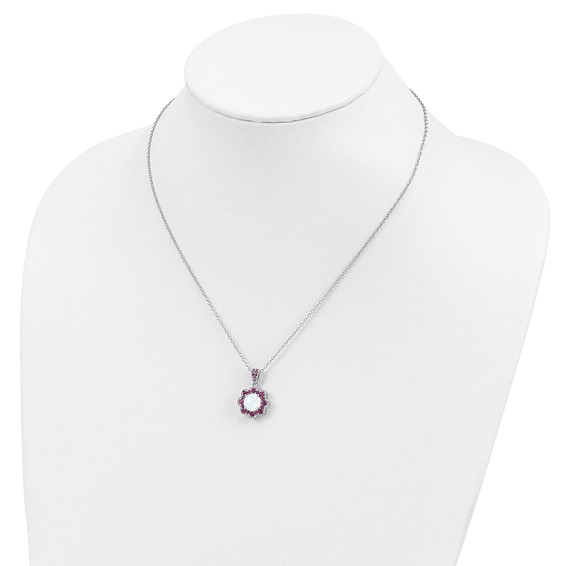 Cheryl M Sterling Silver Rhodium-plated Cabochon Lab Created Opal and Brilliant-cut Red Nano Crystal Flower 18 Inch Necklace